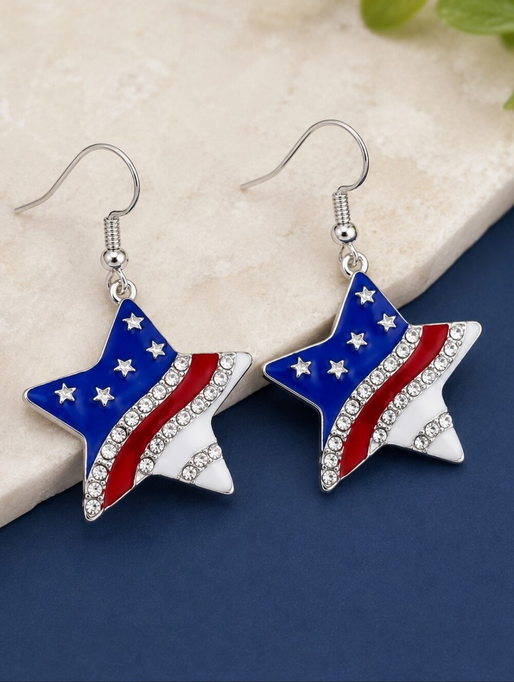 Patriotic American Flag Star Earrings Red White Blue Rhinestone 4th Of July